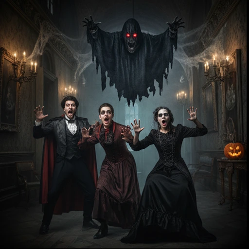 actors standing posing in one of the manor rooms