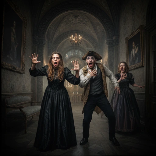 actors standing posing in one of the manor rooms